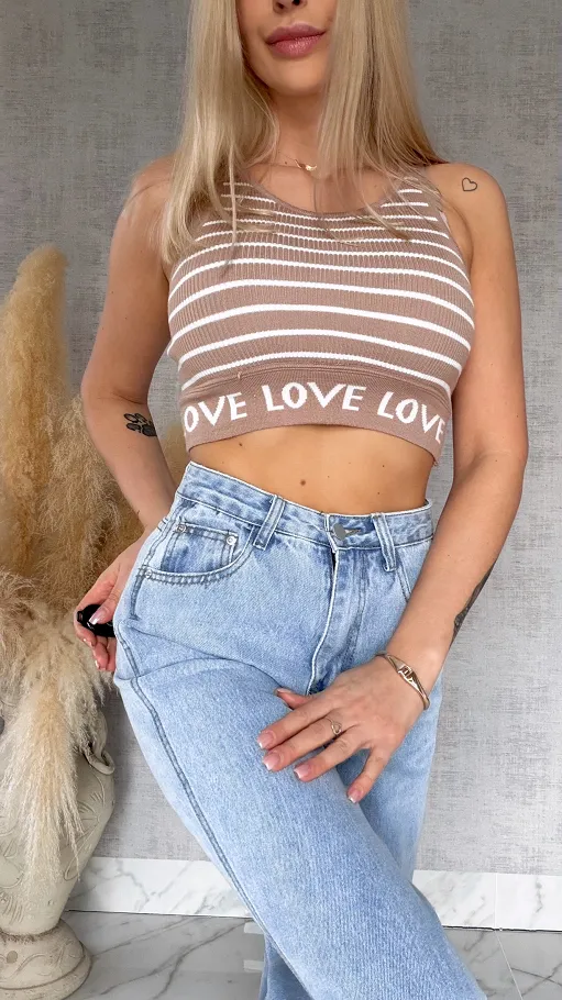 Elastyczny sportowy TOP w paski z wiskozy BEŻOWY - R759A