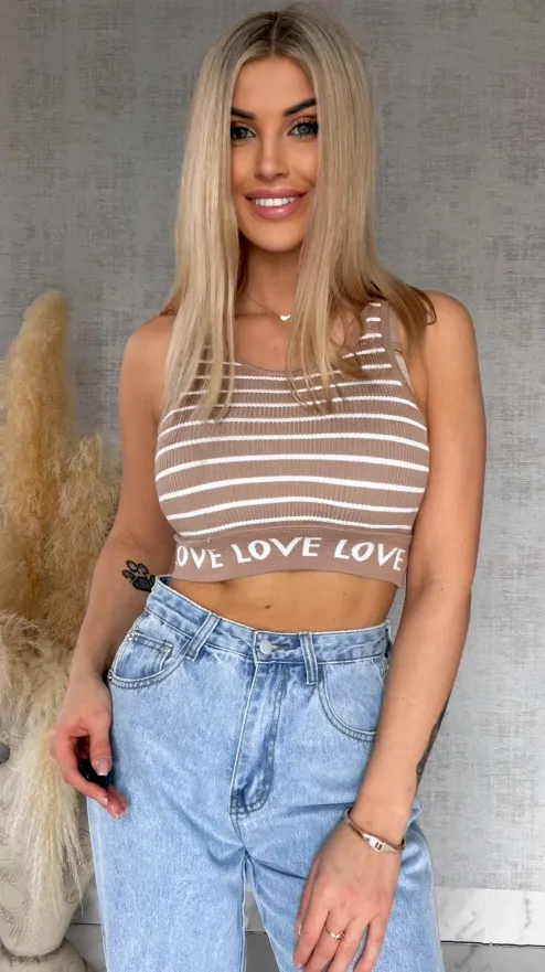 Elastyczny sportowy TOP w paski z wiskozy BEŻOWY - R759A