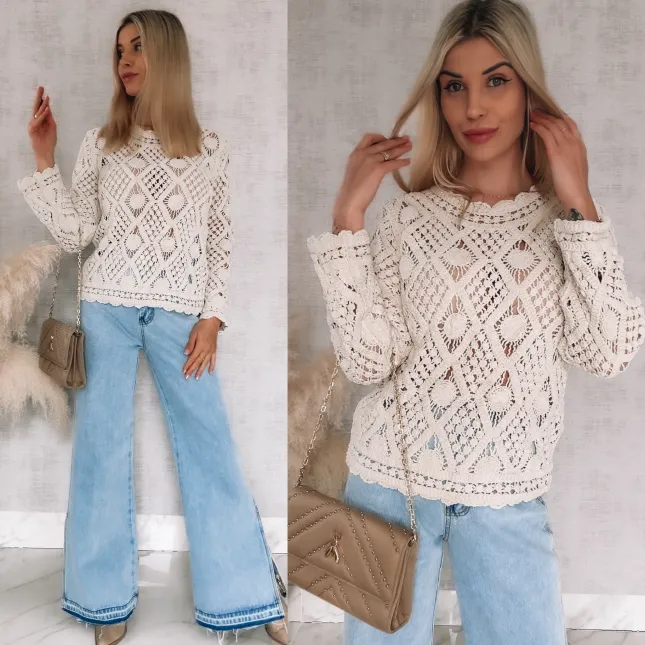 Idealny ażurowy sweterek ECRU z wiskozy ONE SIZE - R909