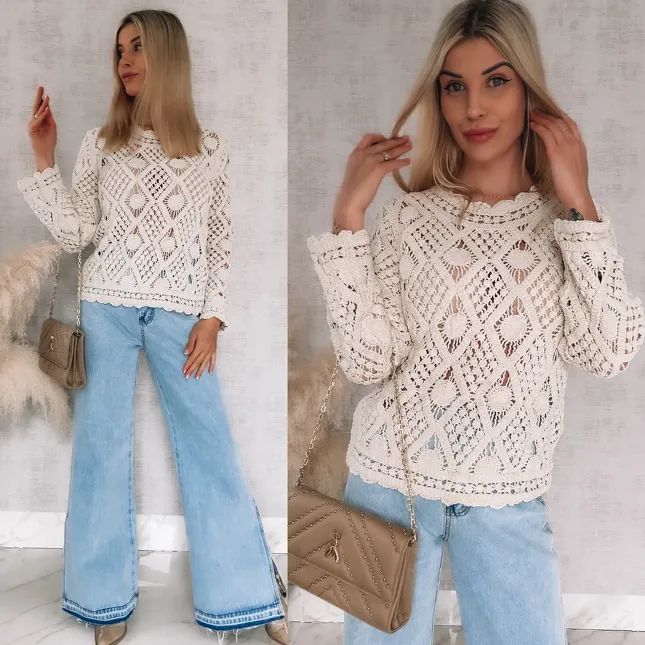 Idealny ażurowy sweterek ECRU z wiskozy ONE SIZE - R909