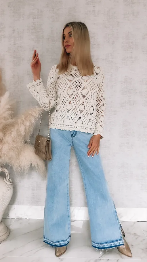 Idealny ażurowy sweterek ECRU z wiskozy ONE SIZE - R909