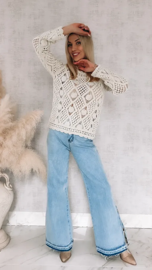 Idealny ażurowy sweterek ECRU z wiskozy ONE SIZE - R909