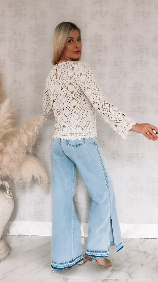 Idealny ażurowy sweterek ECRU z wiskozy ONE SIZE - R909