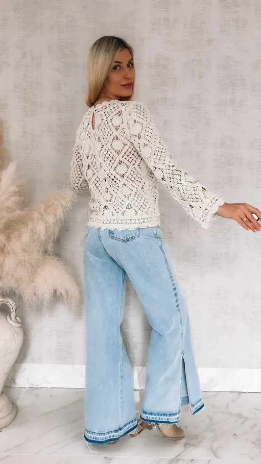Idealny ażurowy sweterek ECRU z wiskozy ONE SIZE - R909