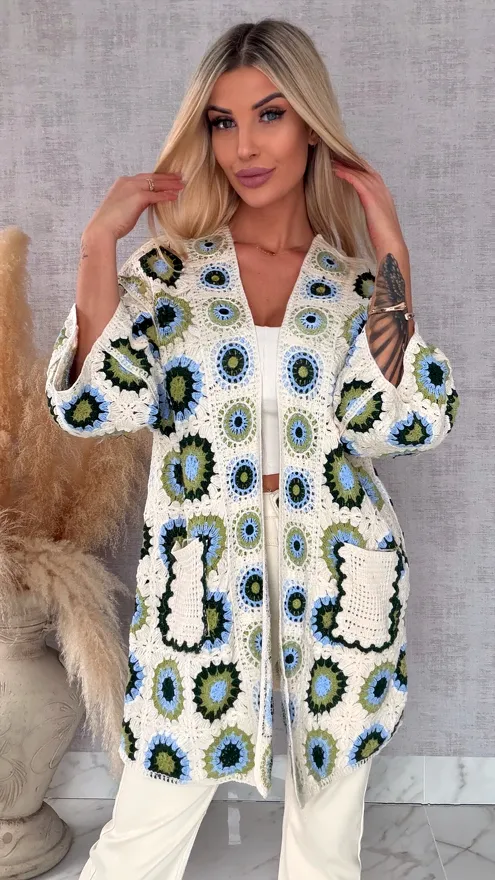 Wiosenna szydełkowa narzutka z kieszeniami ONE SIZE zielona - R644B