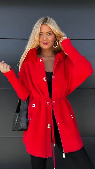 Elegancki czerwony płaszcz ALPAKA z futerkiem i kapturem ONE SIZE - R056A