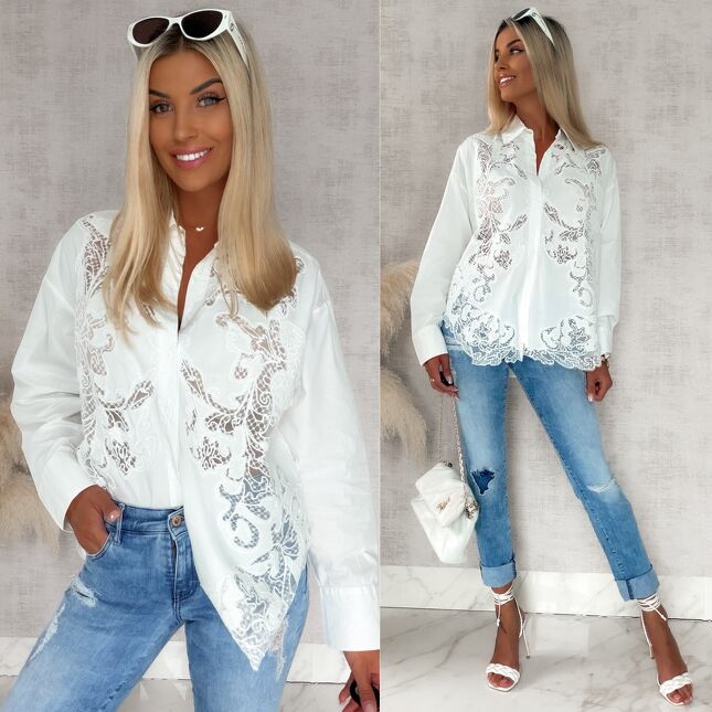 Bawełniana biała koszula z ażurowym haftowanym przodem ONE SIZE - S152
