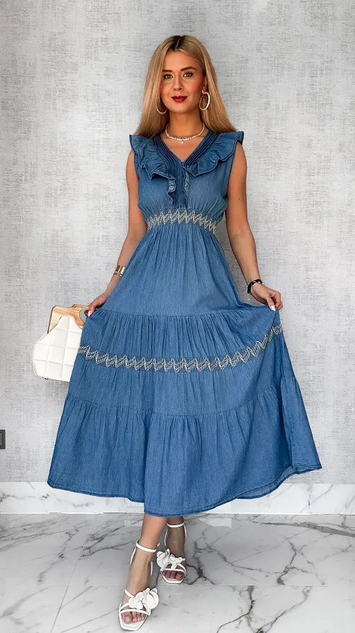 Miękka jeansowa MAXI sukienka na ramiączkach BLUE JEANS - P695