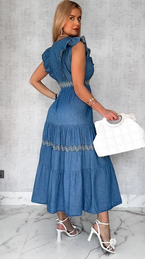 Miękka jeansowa MAXI sukienka na ramiączkach BLUE JEANS - P695