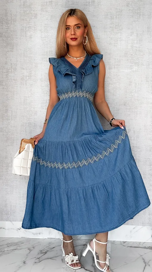 Miękka jeansowa MAXI sukienka na ramiączkach BLUE JEANS - P695