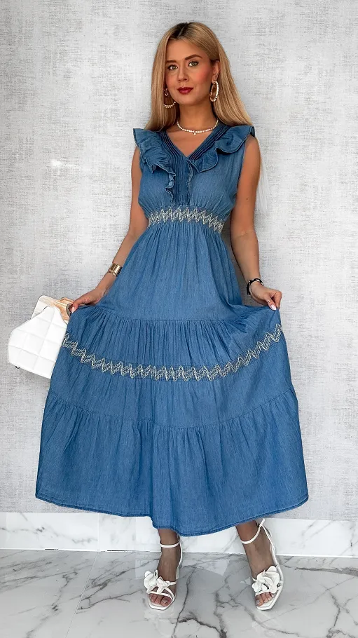Miękka jeansowa MAXI sukienka na ramiączkach BLUE JEANS - P695