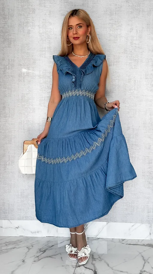 Miękka jeansowa MAXI sukienka na ramiączkach BLUE JEANS - P695