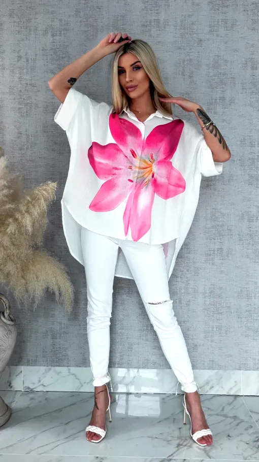 Asymetryczna biała koszula z różowym kwiatem ONE SIZE - R951