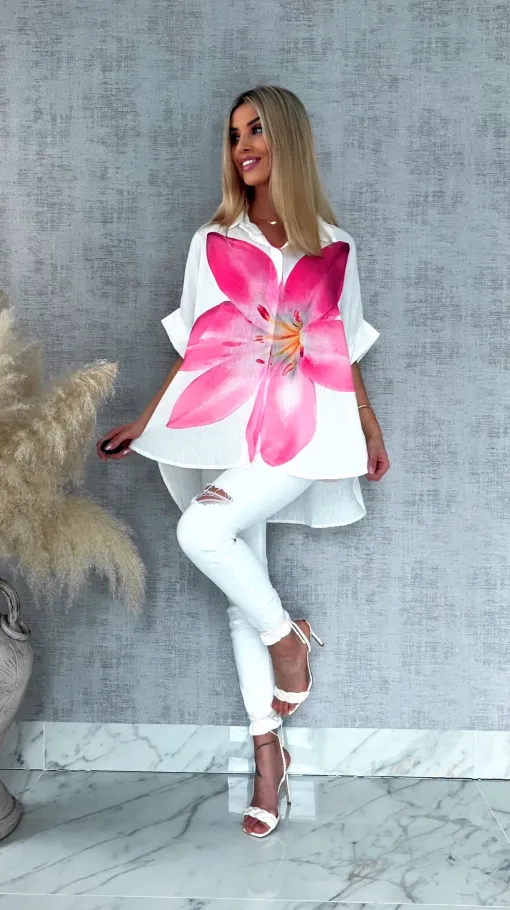 Asymetryczna biała koszula z różowym kwiatem ONE SIZE - R951