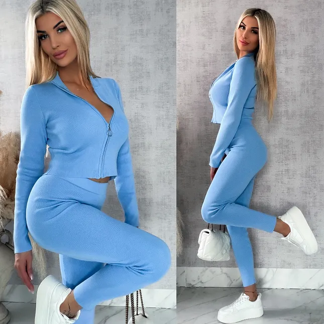 Dzianinowy komplet w prążki z wiskozy BLUZA + spodnie ONE SIZE blue - R417