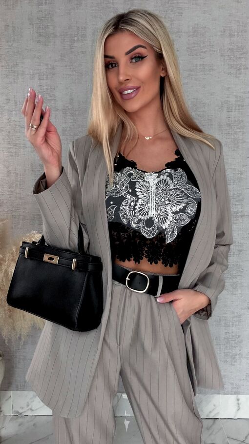 Elegancki wiosenny komplet w paski żakiet + spodnie ONE SIZE fango - R962