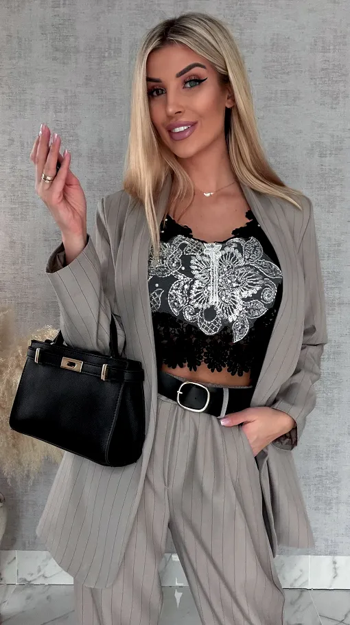 Elegancki wiosenny komplet w paski żakiet + spodnie ONE SIZE fango - R962