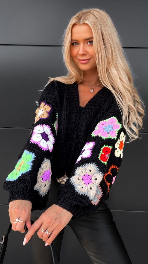 Oryginalny czarny kardigan szydełkowy na jesień ONE SIZE - S339