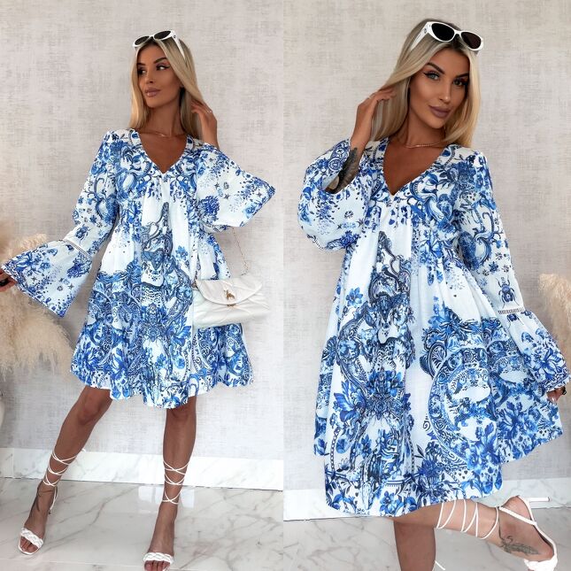 Luźna bawełniana sukienka w niebieskie kwiaty OVERSIZE - S048