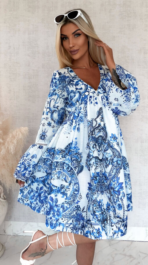 Luźna bawełniana sukienka w niebieskie kwiaty OVERSIZE - S048