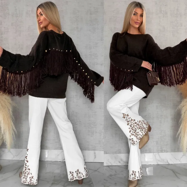 Oryginalny czekoladowy sweter z frędzlami i złotymi ćwiekami ONE SIZE - R613A