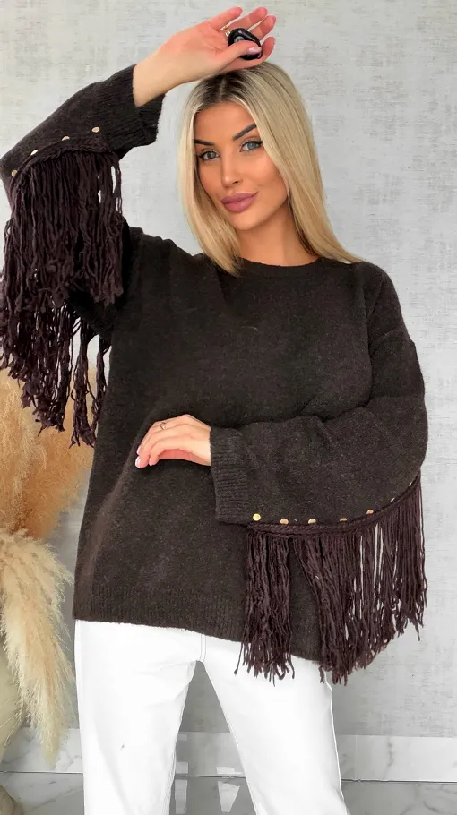 Oryginalny czekoladowy sweter z frędzlami i złotymi ćwiekami ONE SIZE - R613A