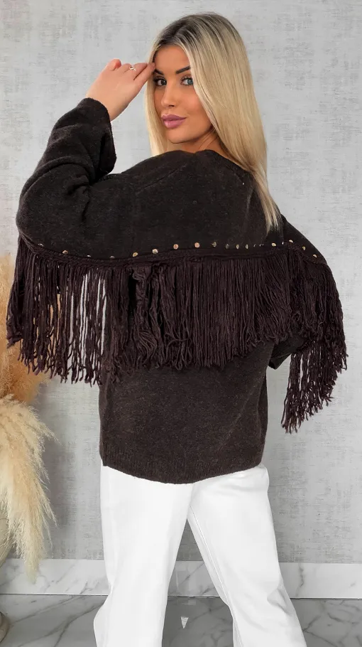 Oryginalny czekoladowy sweter z frędzlami i złotymi ćwiekami ONE SIZE - R613A