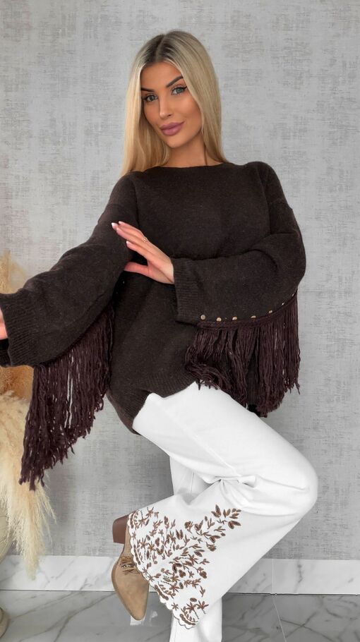 Oryginalny czekoladowy sweter z frędzlami i złotymi ćwiekami ONE SIZE - R613A