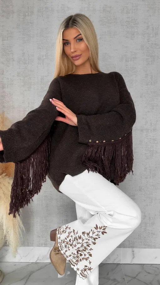 Oryginalny czekoladowy sweter z frędzlami i złotymi ćwiekami ONE SIZE - R613A