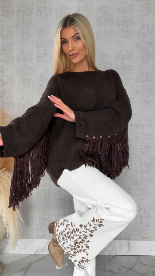 Oryginalny czekoladowy sweter z frędzlami i złotymi ćwiekami ONE SIZE - R613A