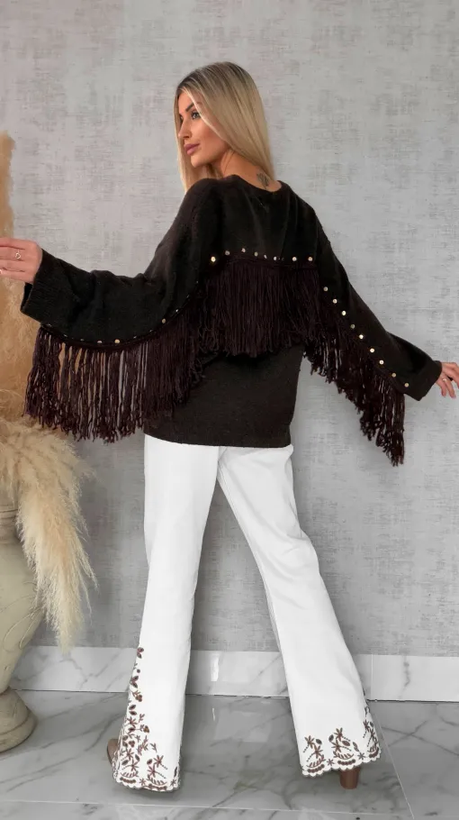 Oryginalny czekoladowy sweter z frędzlami i złotymi ćwiekami ONE SIZE - R613A