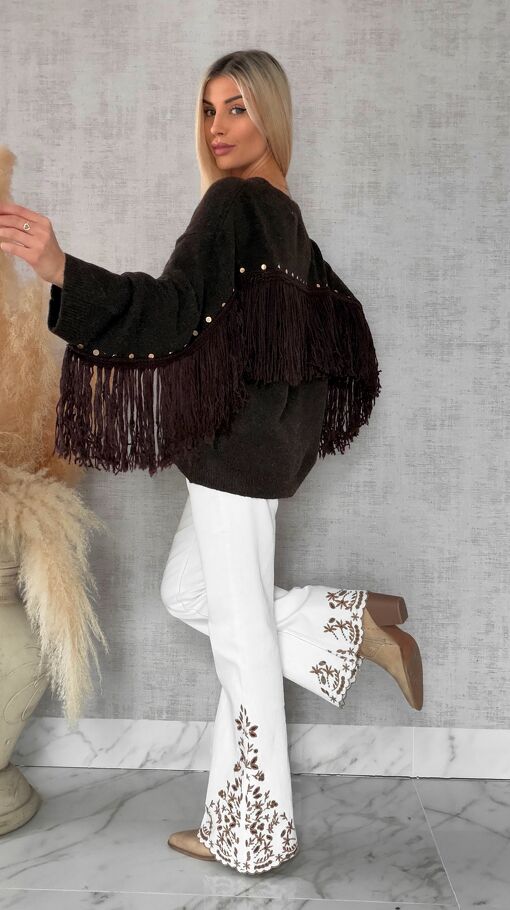 Oryginalny czekoladowy sweter z frędzlami i złotymi ćwiekami ONE SIZE - R613A