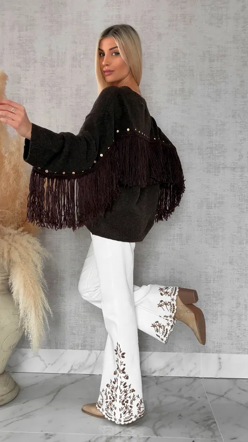 Oryginalny czekoladowy sweter z frędzlami i złotymi ćwiekami ONE SIZE - R613A