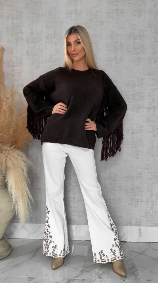 Oryginalny czekoladowy sweter z frędzlami i złotymi ćwiekami ONE SIZE - R613A