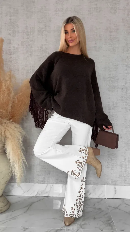 Oryginalny czekoladowy sweter z frędzlami i złotymi ćwiekami ONE SIZE - R613A