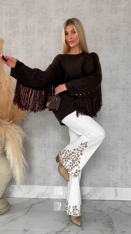 Oryginalny czekoladowy sweter z frędzlami i złotymi ćwiekami ONE SIZE - R613A