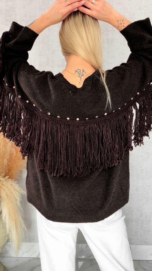 Oryginalny czekoladowy sweter z frędzlami i złotymi ćwiekami ONE SIZE - R613A