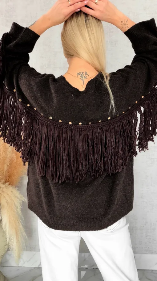 Oryginalny czekoladowy sweter z frędzlami i złotymi ćwiekami ONE SIZE - R613A