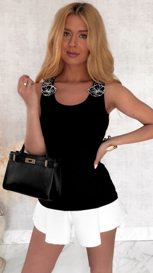 Czarna bawełniana bluzka z ozdobnymi ramiączkami ONE SIZE - S020