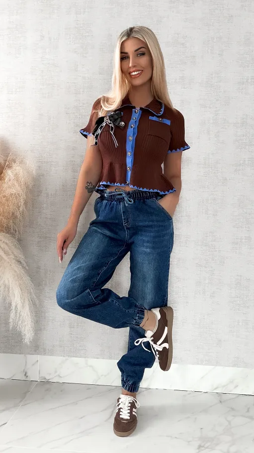 Brązowa dzianinowa bluzka z niebieską lamówką ONE SIZE - R378