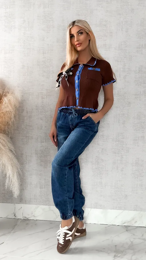 Brązowa dzianinowa bluzka z niebieską lamówką ONE SIZE - R378