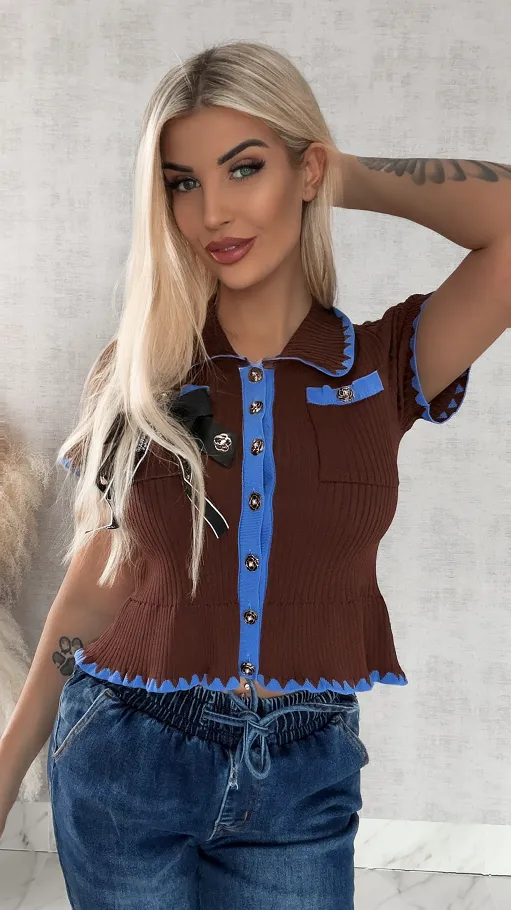 Brązowa dzianinowa bluzka z niebieską lamówką ONE SIZE - R378