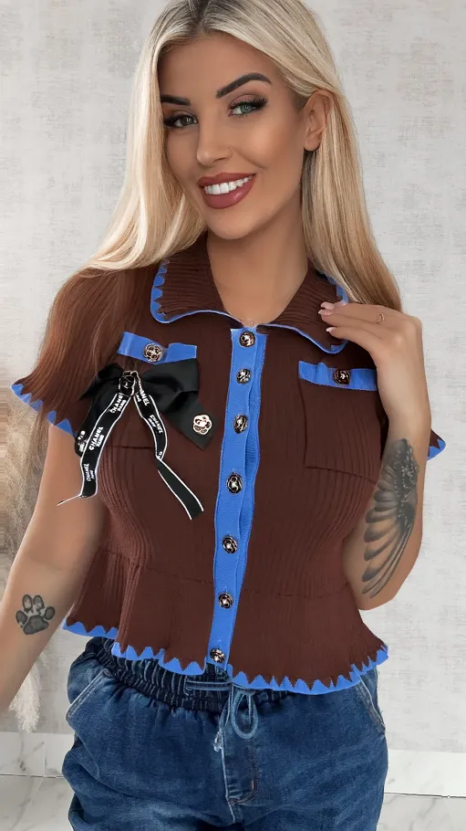 Brązowa dzianinowa bluzka z niebieską lamówką ONE SIZE - R378