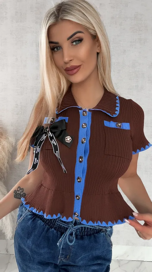 Brązowa dzianinowa bluzka z niebieską lamówką ONE SIZE - R378