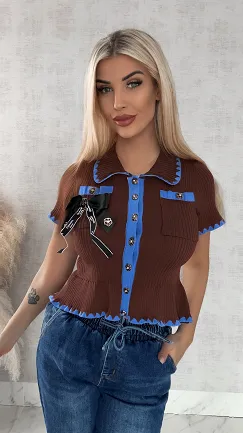 Brązowa dzianinowa bluzka z niebieską lamówką ONE SIZE - R378