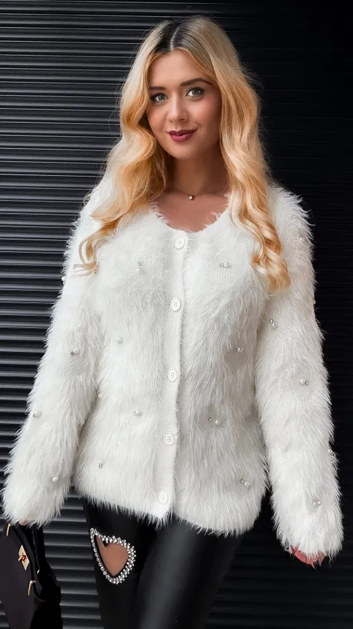 Włochaty sweter ECRU na guziki FLUFFY one size - R339