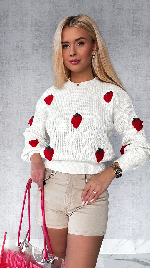 Piękny sweter ecru w maliny ONE SIZE - P169