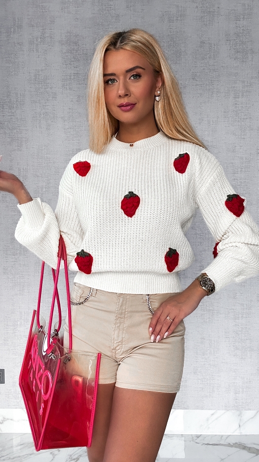 Piękny sweter ecru w maliny ONE SIZE - P169