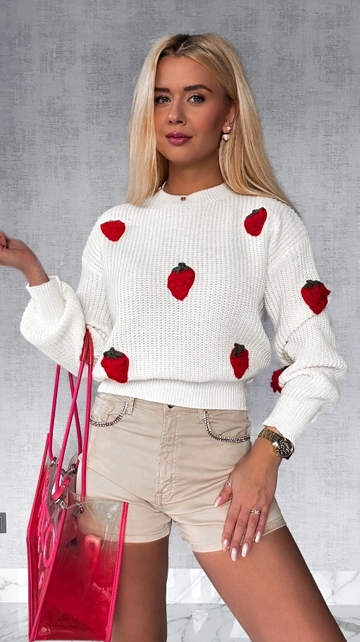 Piękny sweter ecru w maliny ONE SIZE - P169