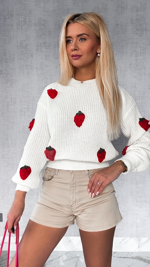 Piękny sweter ecru w maliny ONE SIZE - P169